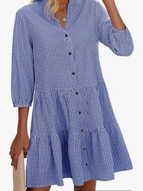 New W/Tags Blue Gingham Button-Front Tiered Women's Dress V-Neck 3/4 Sleeves